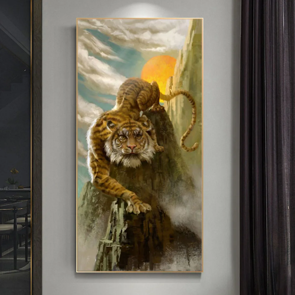 

Tiger Walking on Cliff Sunset Mountain Posters Wall Art Canvas Prints Modern Animals Landscape Paintings Living Room Home Decor