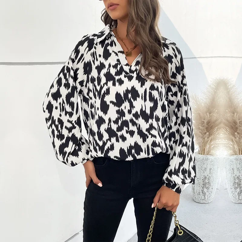 

Chiffon Leopard Women's Shirts New Vintage Blouses Spring/Summer V-neck Print Clothing Loose Fashion Long Sleeves Tops