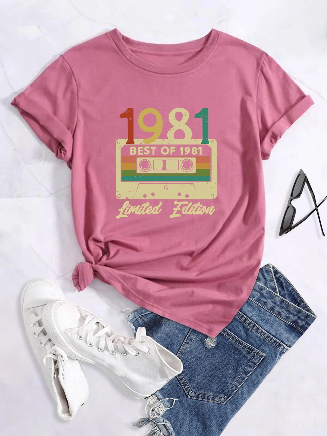 „Geriausi 1981 m. riboto leidimo“ spausdinti marškinėliai apvalia kaklo iškirpte, laisvi laisvi trumpomis rankovėmis, madingi vasariniai marškinėliai, viršutiniai drabužiai, moterims_voghion.com