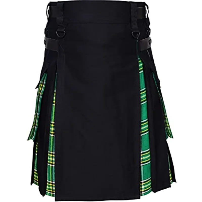 Kilts-Men's Plus Size Scottish Hybrid Black Cotton & Tartan Utility Kilts with Leather Straps Kilts for Men