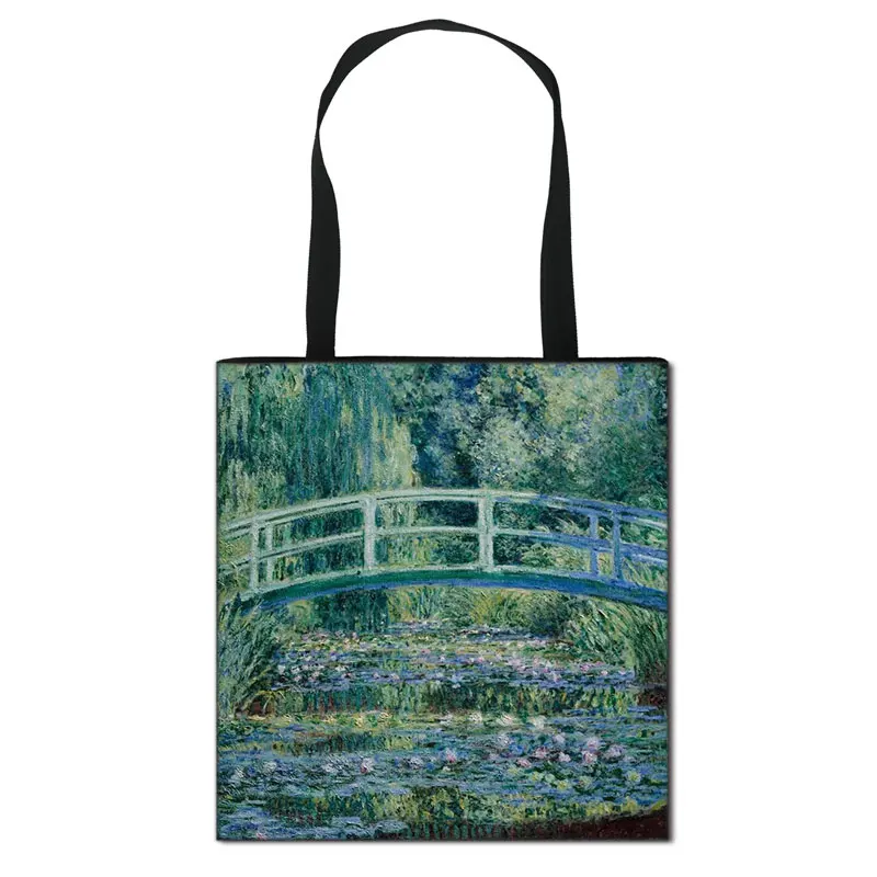 Vintage Painting Water Lily / Lotus Print Totes Bag Monet Women Handbag Ladies Canvas Travel Shoulder Bag Portable Shopping Bags 