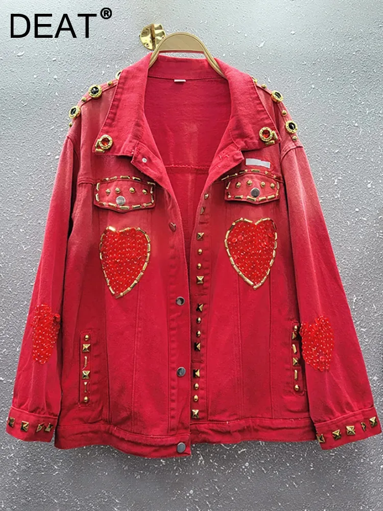 

DEAT Women's Denim Coat Read Heart Handmade Beading Sequins Rivet Long Sleeve Loose Jackets 2023 Autumn New Fashion 29L4021