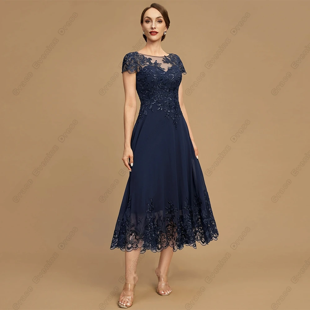 

Modern Scoop Mother of Bride Dresses for Women Tea Length Wedding Party Dresses with Lace 2024 Summer New Robe De Soirée