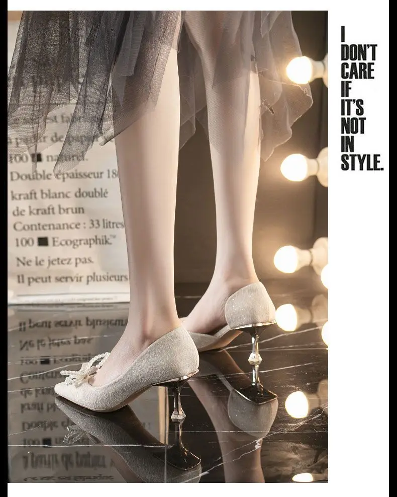 Ragazze francesi tacchi alti e sottili fiocco con nodo superficiale 2024 nuove scarpe da sposa solide da donna primaverili_voghion.com