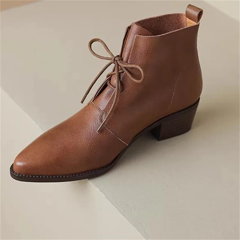 

Crossover Strap Shoes for Women Pointed Toes Female Boots Sewing Lines Churry High Heels Lace-up Chassure Femme Leather Botas