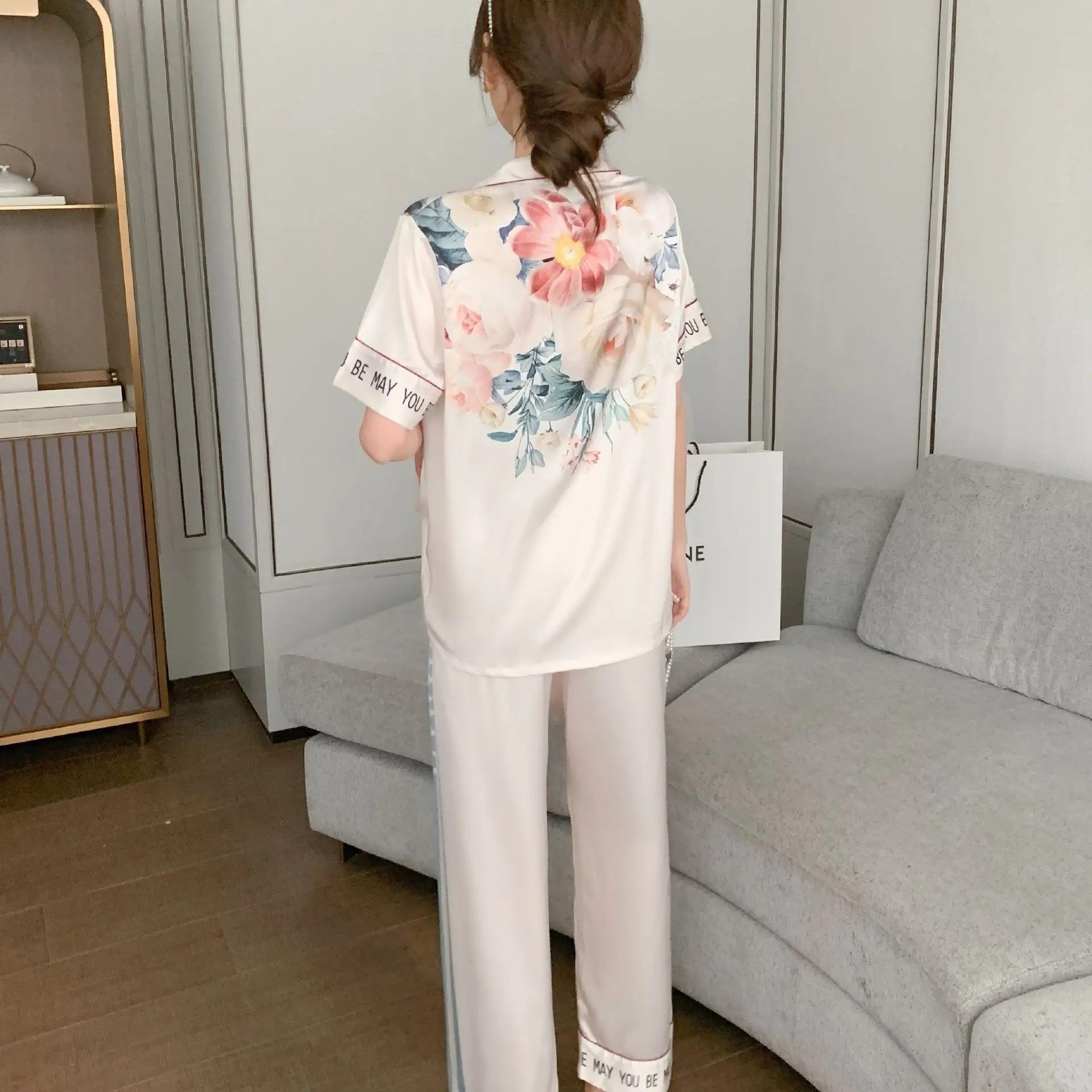 Women's summer ice silk cool feeling pajamas short sleeved cardigan printed two-piece set new home clothing