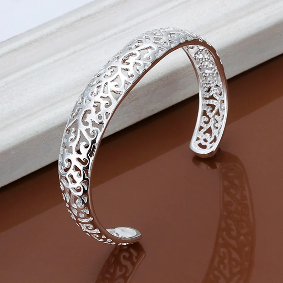 Bangle Bracelet 925 Sterling Silver open bangle bracelet for women lady girl cute favorite gift retro charm exquisite circular fashion jewelry