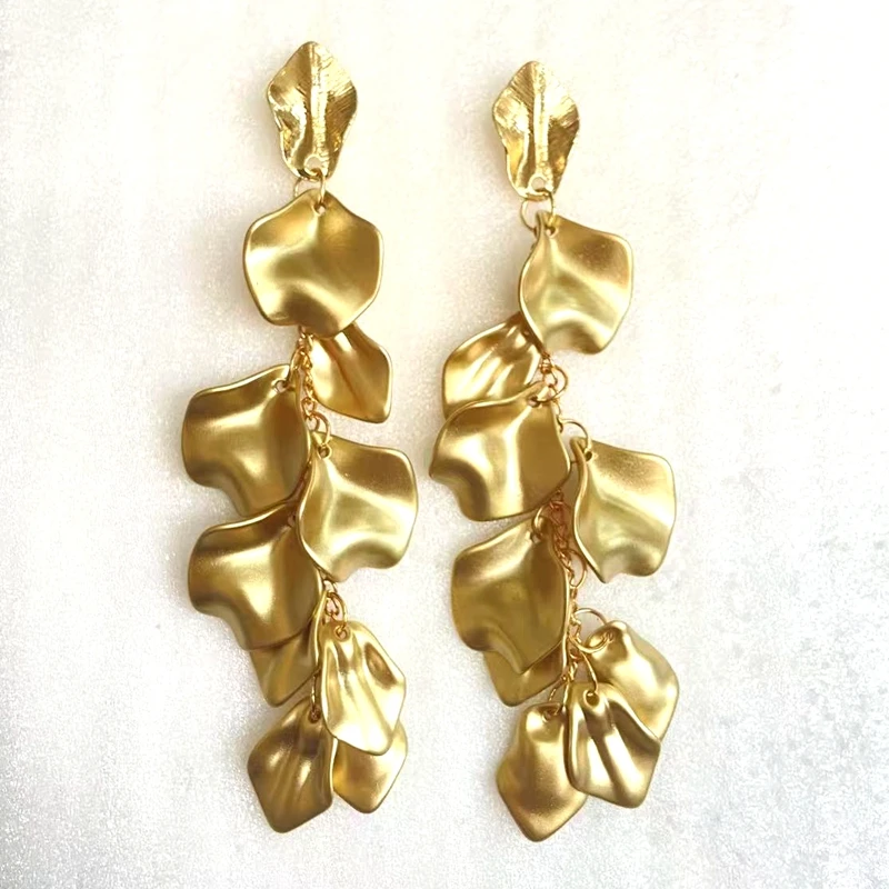 Gold Metal Leaf Acrylic Petal Tassel Earrings - Bold Floral Statement in Rose, Pink, and Orange