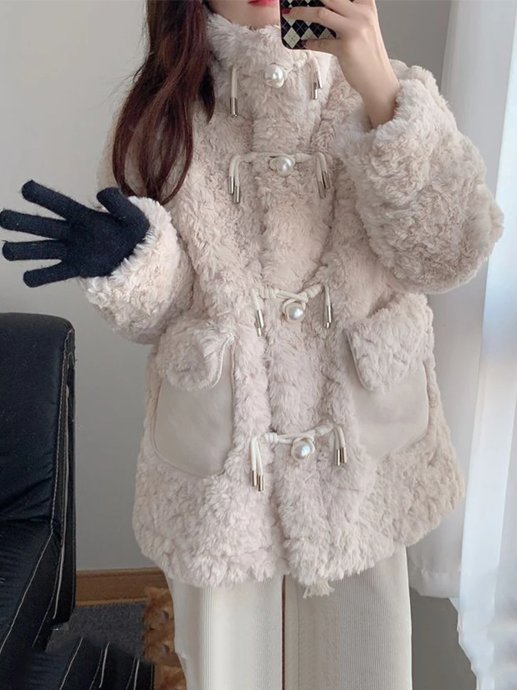 

2023 New Cotton Lamb Fur Thicken Sheepskin Coat Women Winter Faux Fur Mid Length Parka Jacket Outwear Winter Fluffy Overcoat