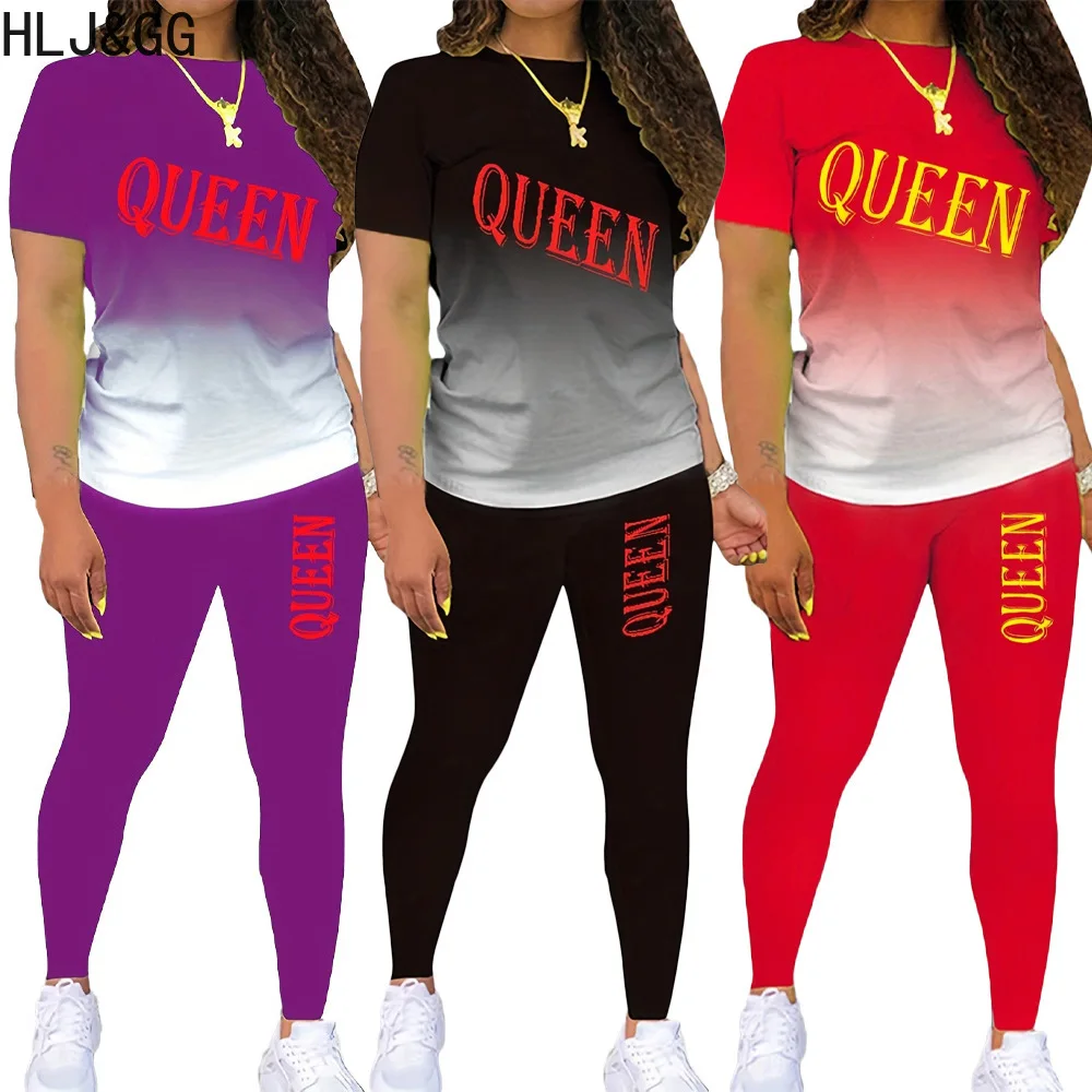 

HLJ&GG Fashion Gradient Letter Print Two Piece Sets Women O Neck Short Sleeve Tshirt+Skinny Pants Tracksuits Casual 2pcs Outfits