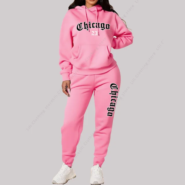 Ensembles pour femmes sweats à capuche pantalons 2 pièces tenues vêtements de sport esthétiques survêtement Chicago graphique lettre imprimer grande taille rose survêtement 1