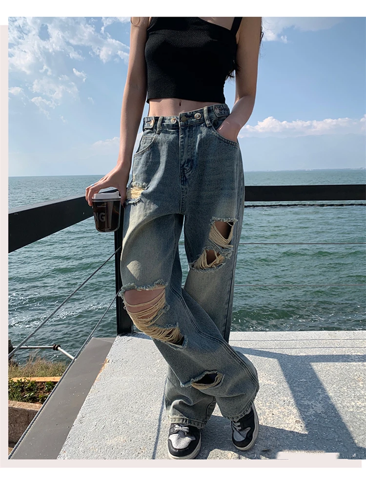 

Women's Street Style Distressed Thin Jeans Multiple Hole Designs American Casual Trousers Female High Waist Straight Blue Pants