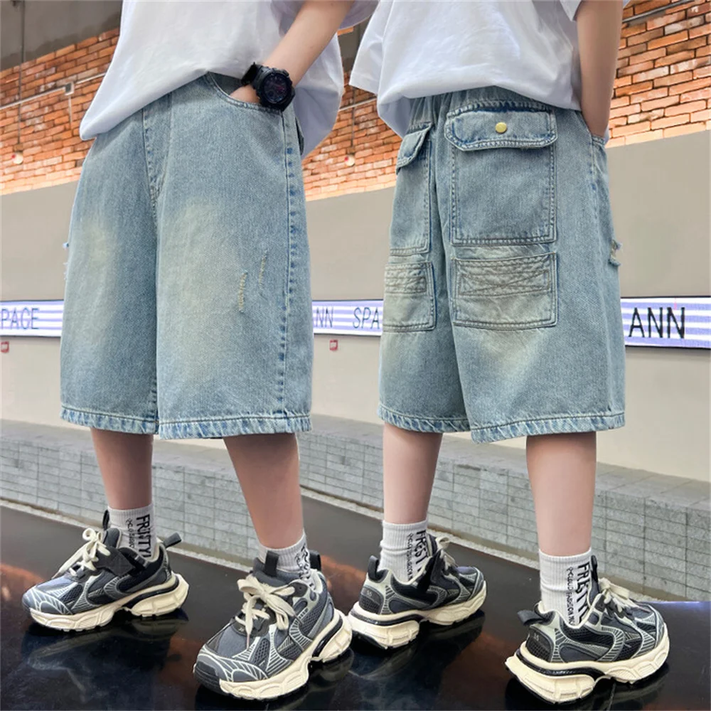 소년 데님 반바지, 청소년 아동용 청바지, 학생 데님 크롭 팬츠, 6832 패션, 여름