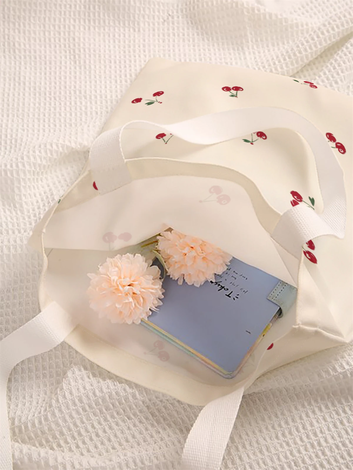 Cherry pattern printed casual handbag, reusable fashionable backpack, multifunctional handbag, canvas shopping bag