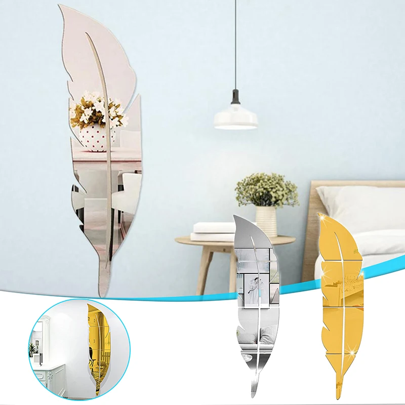 RemovableFeatherPlume3DMirrorWallStickerForLivingRoomBathroom