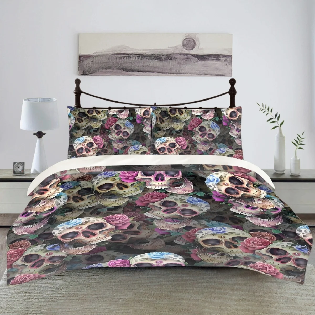 

TOADDMOS Brand Design Skull Flower Print Polyester Bedding Set Teens King Size Bedding Se Adults for Beds Quilt Cover Pillowcase