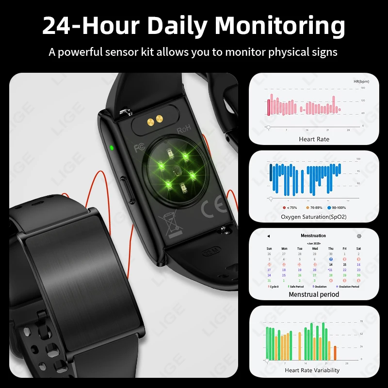LIGE GPS 스포츠 스마트 팔찌 남성용 HRV SpO2 혈압 건강 추적기 피트니스 만보계 전화 알림 스마트워치 밴드 여성용
