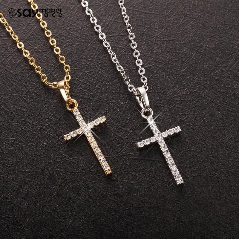 Punk Hip Hop Cross Pendant Clavicle Chain Crystal Jesus Cross Dangle Necklace Simple Fashion Jewelry For Men Women Gift