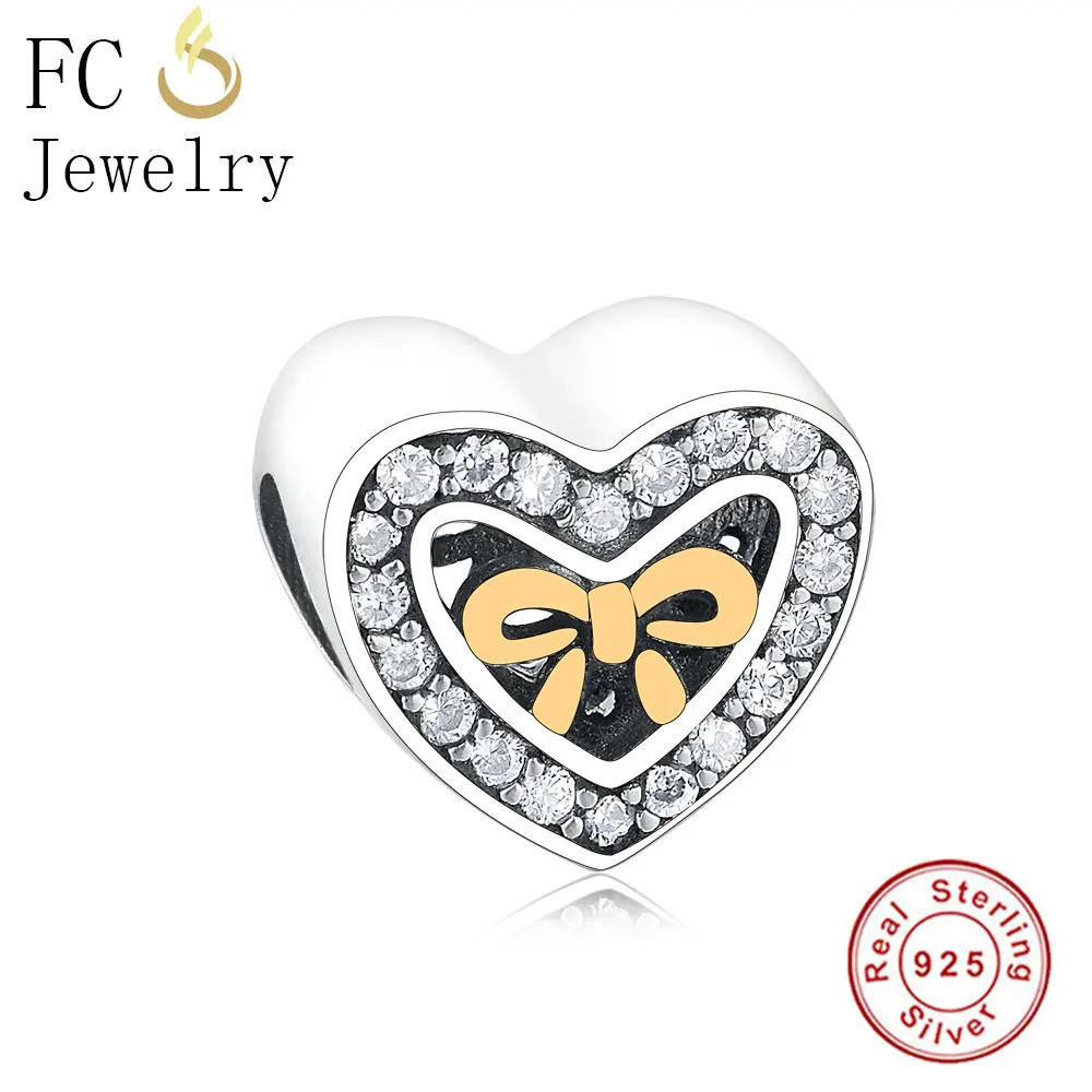 

FC Jewelry Fit Original Pan Charms Bracelet 925 Sterling Silver Spring Gold Color Bow Zircon Heart Kralen Beads Berloque 2019