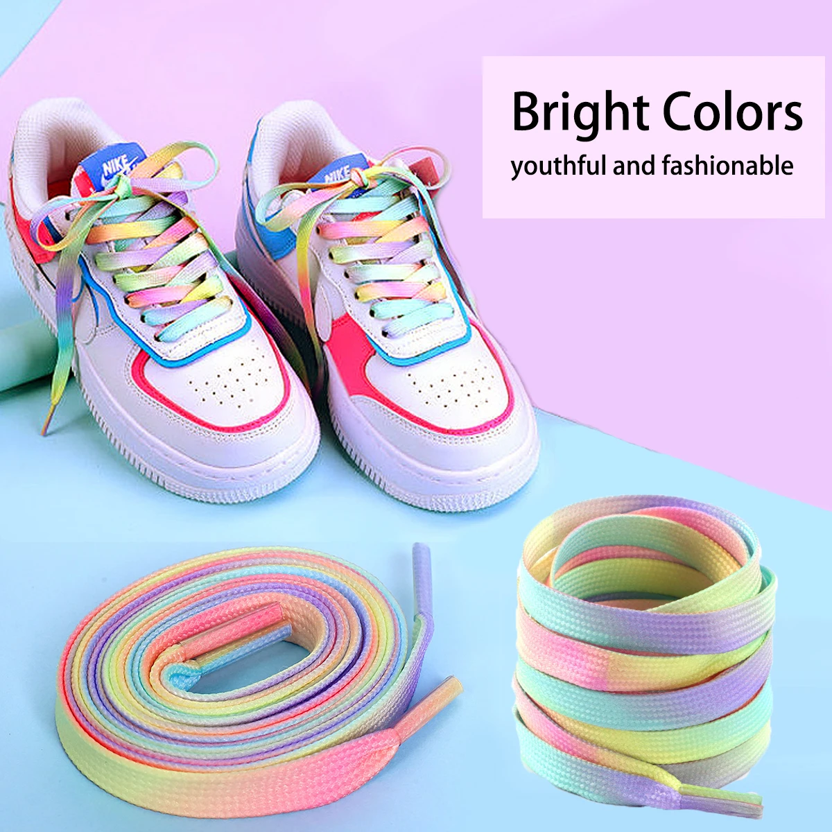 1 Paar flache Schnürsenkel in Regenbogenfarben, geeignet für Freizeit- und Sportschuhe, für Herren und Damen.