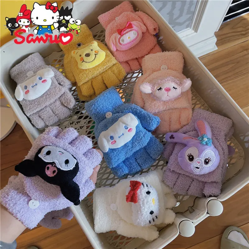 Sanrio Knitting Gloves Kuromi Hello Kitty Melody Flip Cover Student Writing Soft Stuffed Plushie Office Touch Screen Female Gift sanrio headphone cover purple kuromi blue cinnamoroll leather earphone protection cover airpods 3 generation wireless earbuds