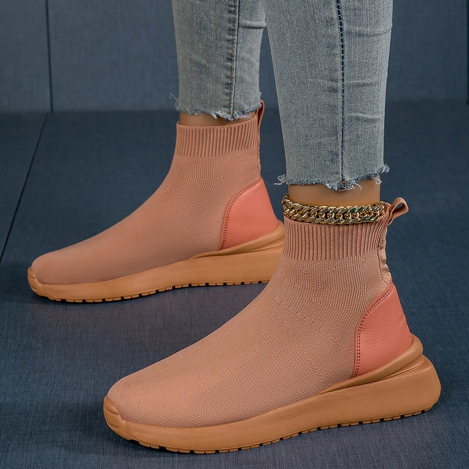 

Lace Up Flying Wovens Flat Shoes Loose Foot Socks Lightweight Shoes Loose Ankle Heels Sneakers Platform Walking Shoes Footwear