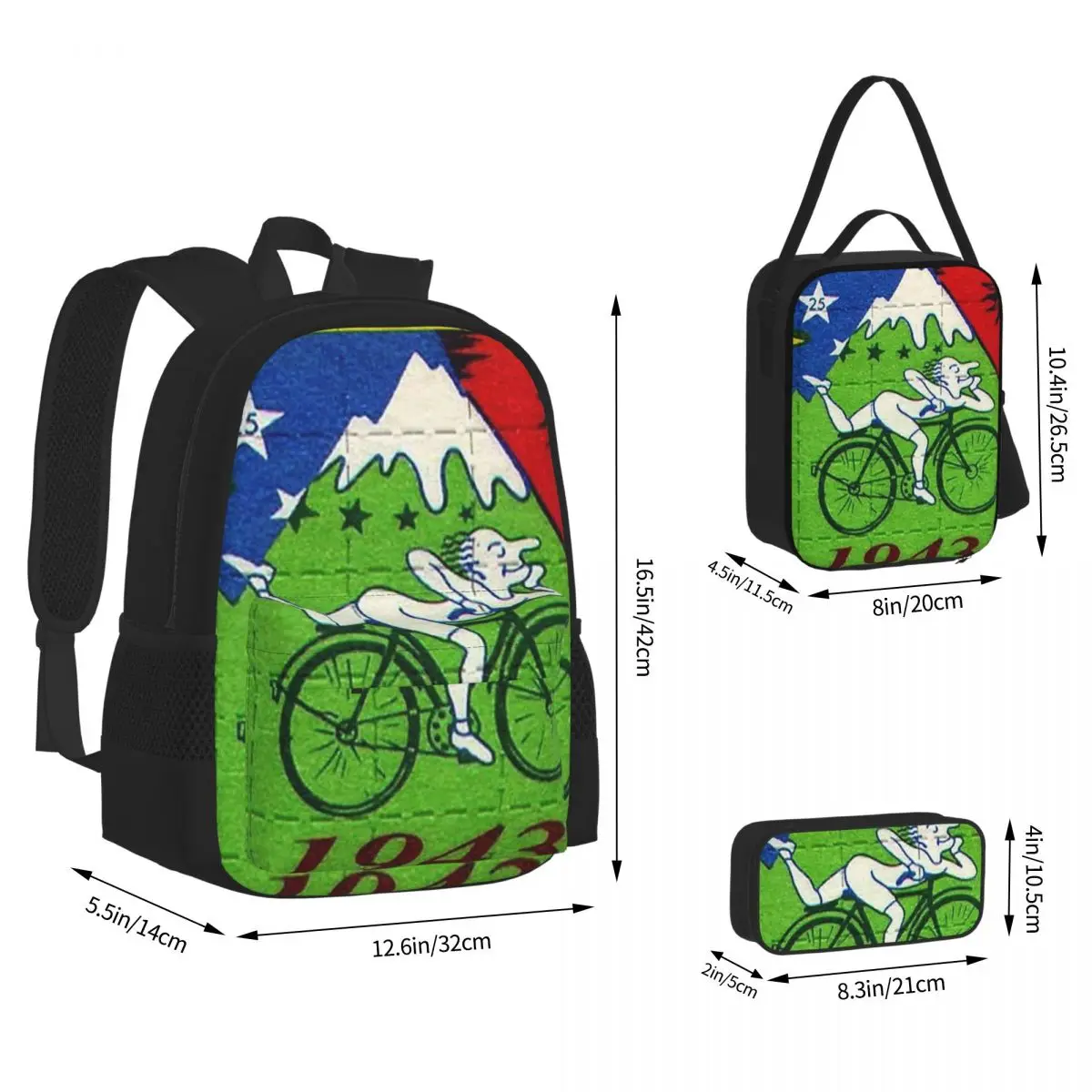 

LSD - 1943 Albert Hofmann Backpack Boy Girl Bookbag Students School Bags Cartoon Kids Rucksack Lunch Bag Pen Bag Three-Piece Set