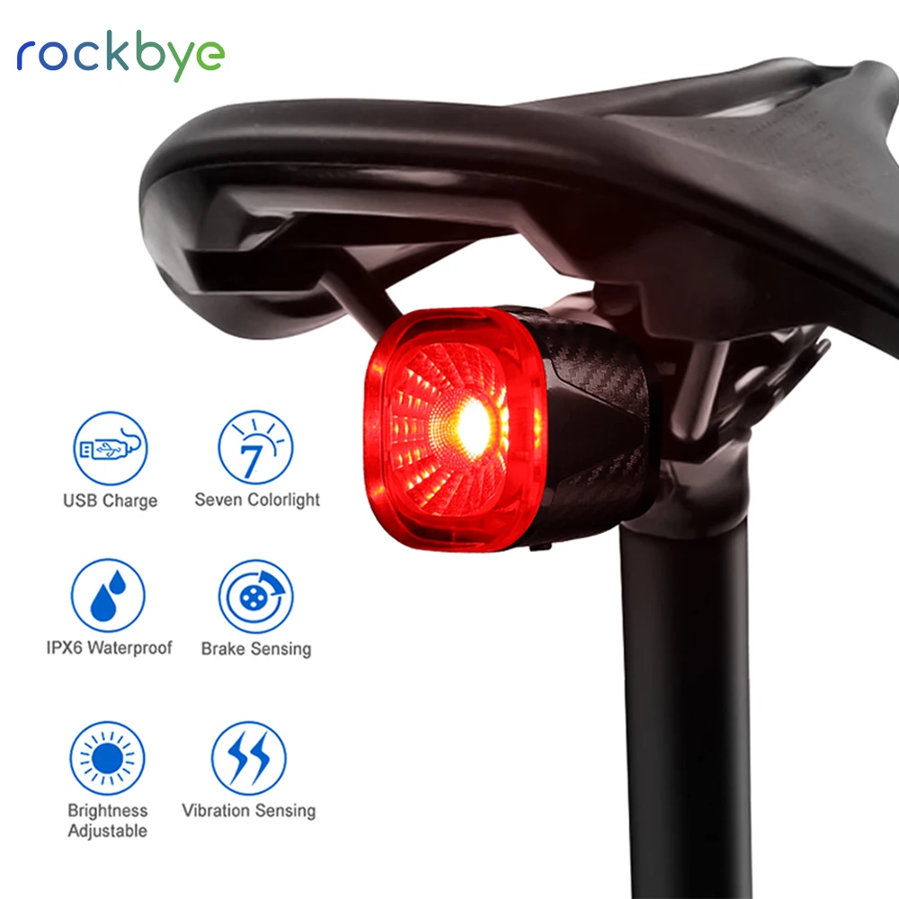 

Задний фонарь для велосипеда Rockbye, 7 ярких цветов, перезаряжаемый Велосипедный тормозной фонарь, водонепроницаемый задний фонарь для автомобиля, велосипеда