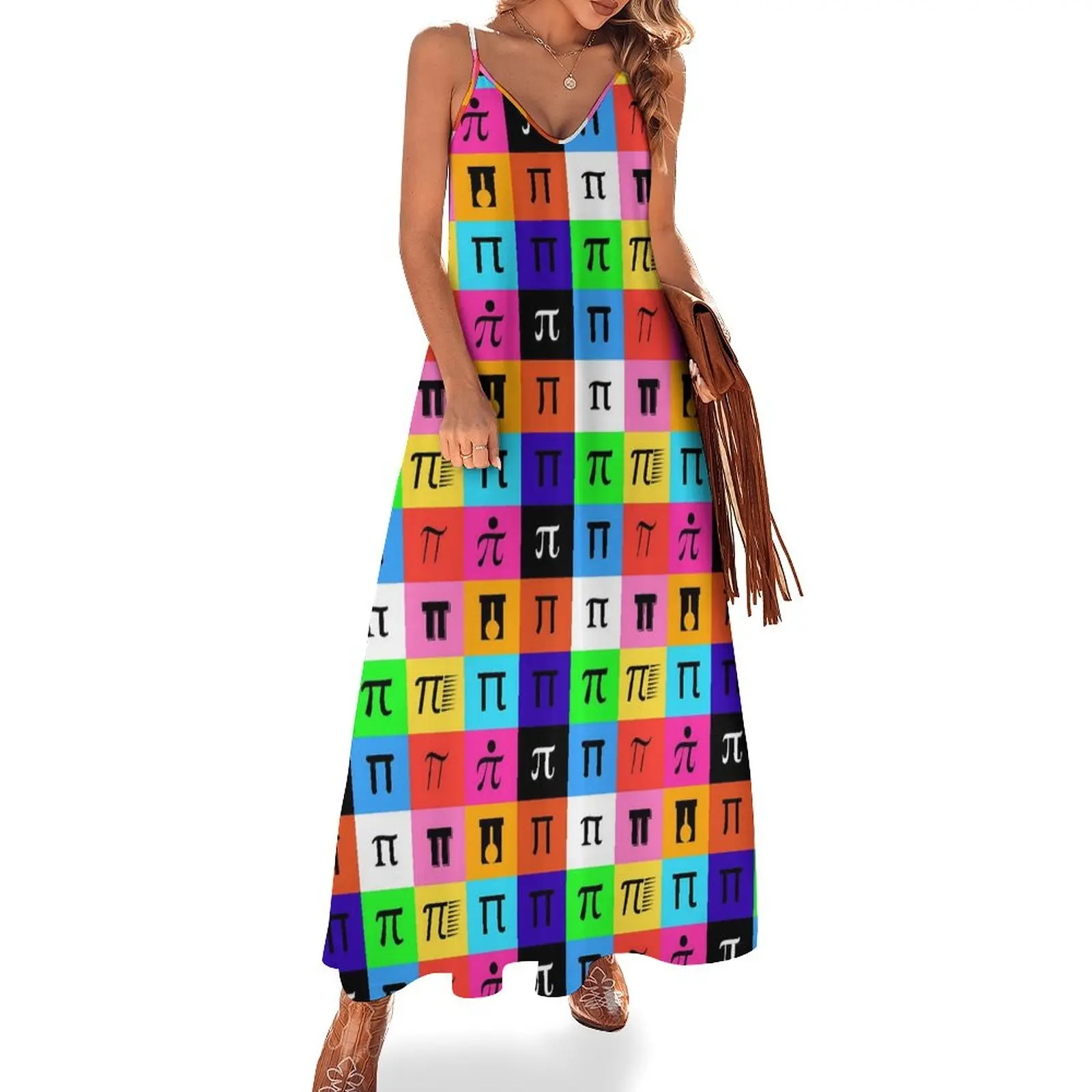 

Colorblock Dress Happy Pi Day Stylish V Neck Boho Beach Long Dresses Ladies Custom Night Club Maxi Dress Large Size