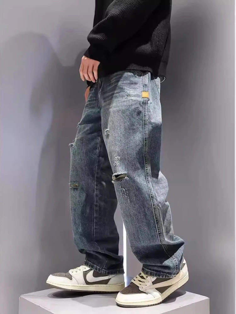 Men's Ripped Jeans Baggy Straight Vintage Denim Pants Hip Hop Trousers