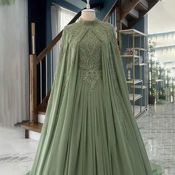 Green Hijab Muslim Weddings Dress High Neck Long Sleeves Chiffon Evening Dresses Appliques Reception Bridal Gown Customized