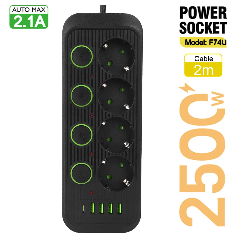 European Standard Power Strip with USB Ports and Network Filter, Individual Switch, EU Plug