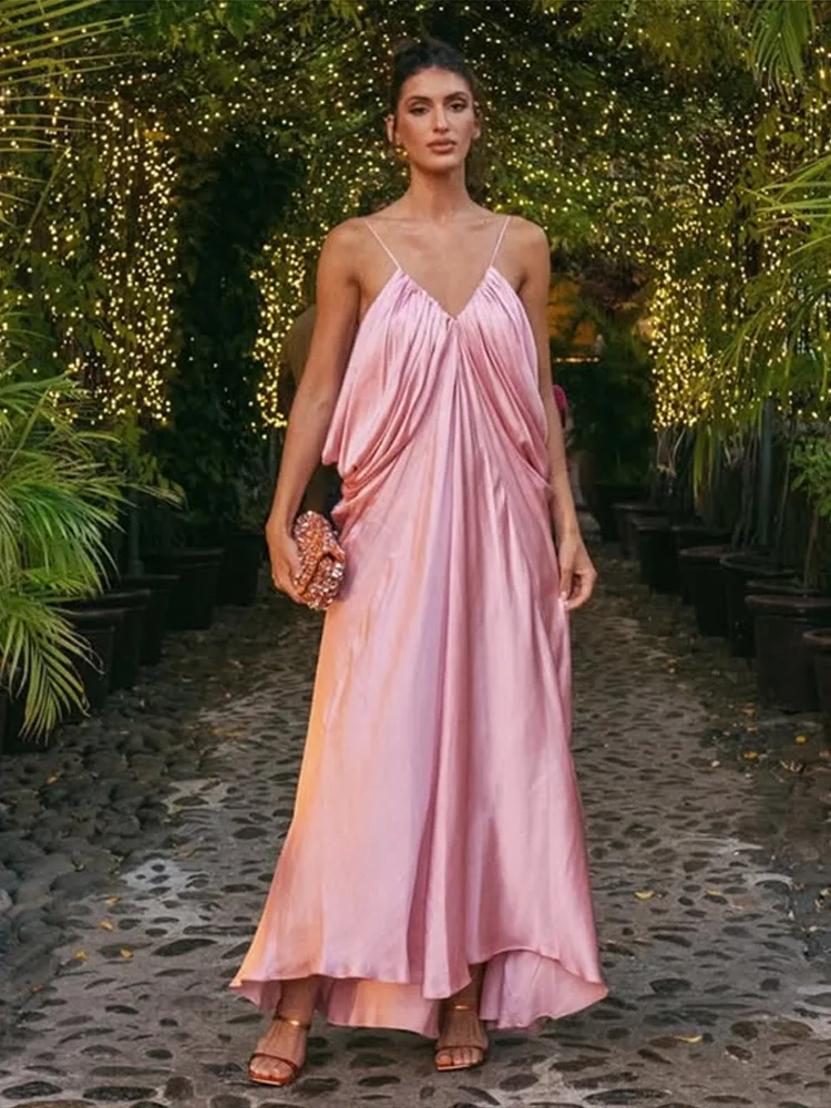 Elegant Pink Open Back Satin Maxi Dress Women's Draped Deep V