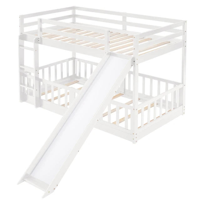 Children Beds: Twin Over Twin Bunk Bed with Slide and Ladder