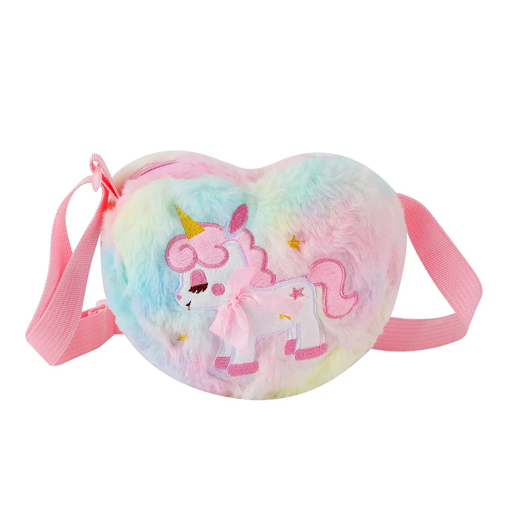 

Winter Little Girls Lovely Cartoon Unicorn Heart Shaped Coin Plush Purse Kids Children Cute Fluffy Shoulder Sling Crossbody Bag
