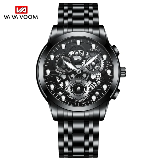 Men's Business Watch Skeleton Design Fashion Mechanical Style Stainless Steel Quartz Movement Calendar Waterproof Men WristWatch 2451HH