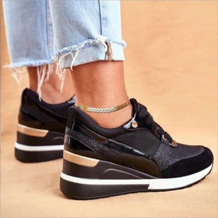 Women Sport Shoes Fashion Mixed Colors Casual Sneakers Wedge Heel Ladies Vulcanized Shoes Lace-Up Walking Running Shoes 2023 2