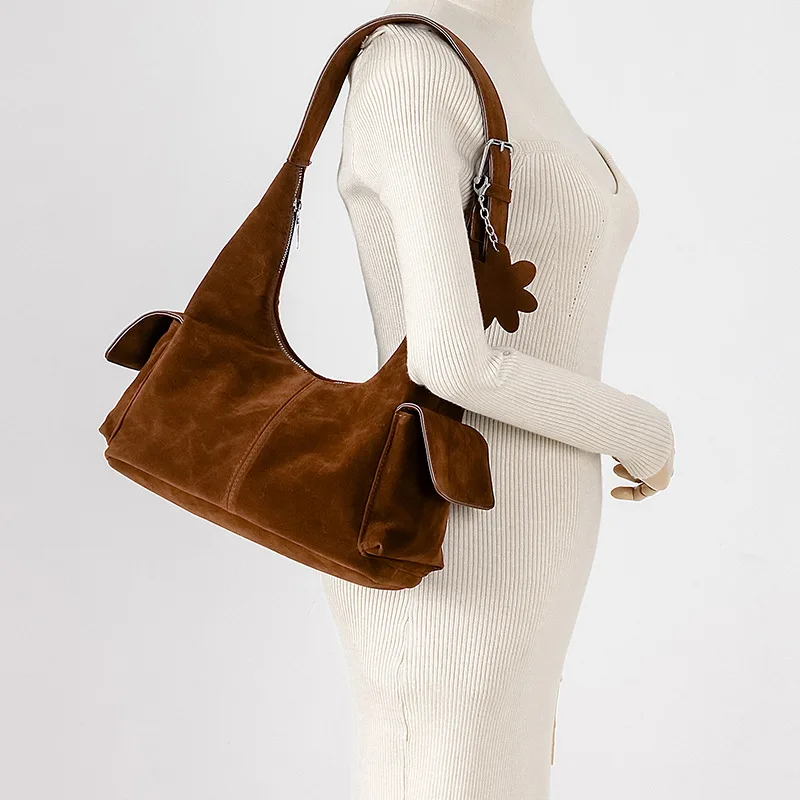 Fashionable Women's Suede Leather Wandering Handbag Autumn Winter Vintage Designer Bag Handbag Shoulder Casual Style
