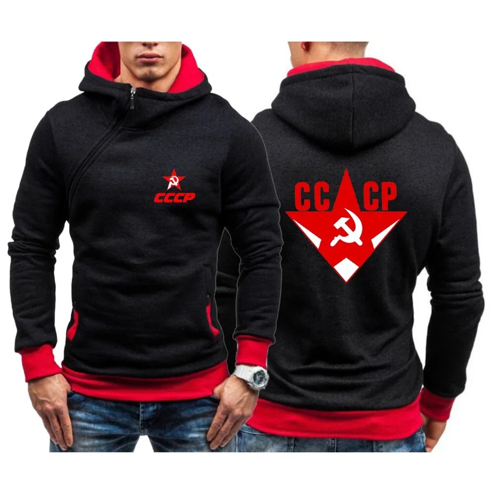 

2024 CCCP Russian Men's USSR Soviet Union New Print Diagonal Zip Hoodie Sweatshirts Popular Sportswear Streetwear Pullovers Top