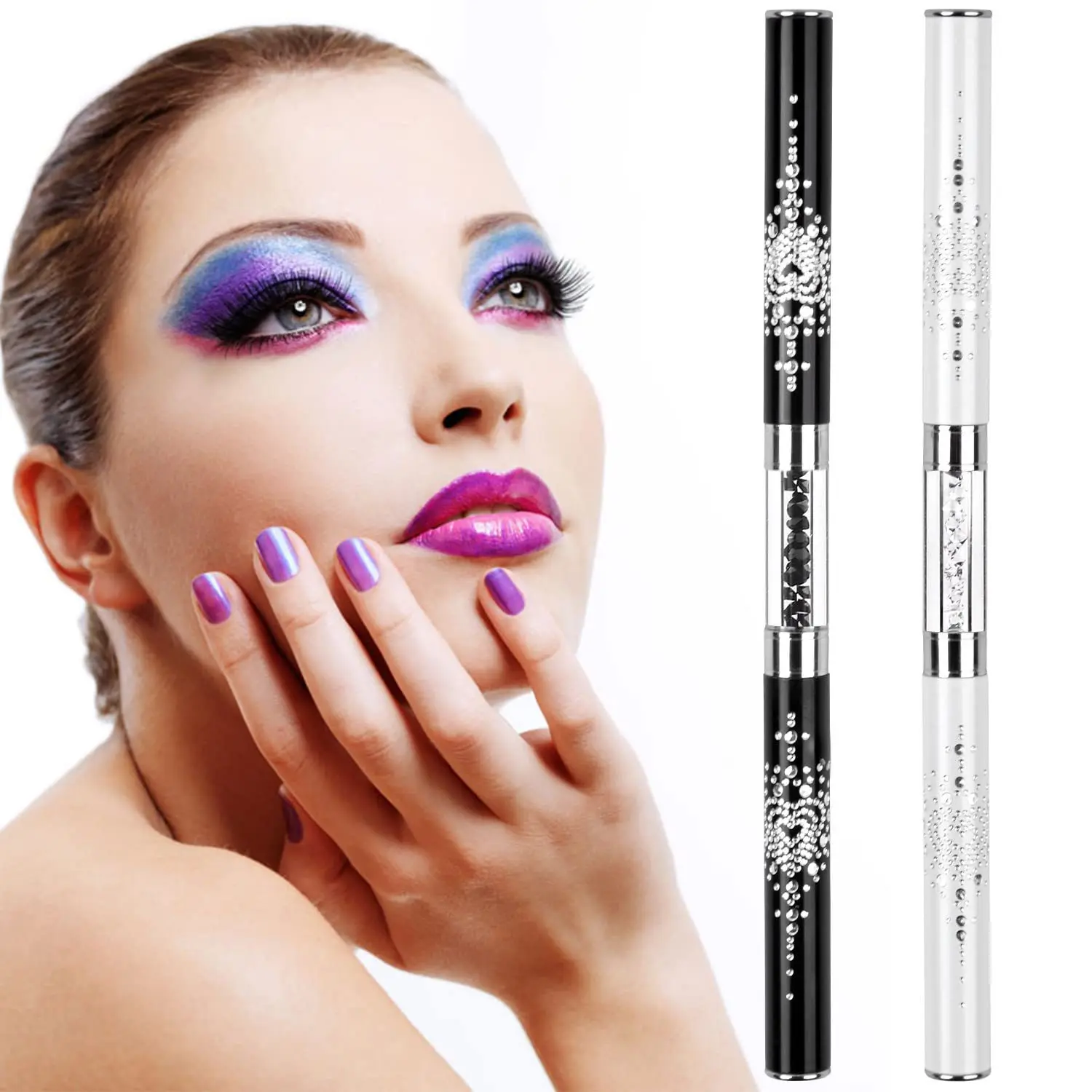 2Pcs Dual-ended Nail Design Brushes Rhinestone Handle UV Gel Nail Brush Set Professional Nail Art Tools 6
