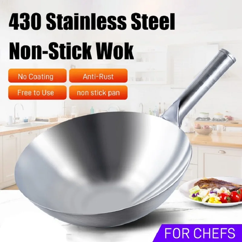 430 Stainless Steel Frying Pan Chinese Handmade Wok Thick Non-stick Uncoated Round Bottom Household Pot Gas Cookware Cooking Wok