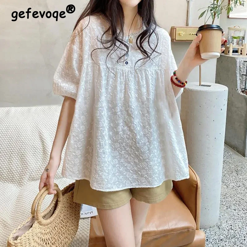 Women's Clothing Summer Trendy Vintage Embroidery Lace Blouse Solid Round Neck Oversized Shirt Y2K Casual Kawaii Streetwear Tops