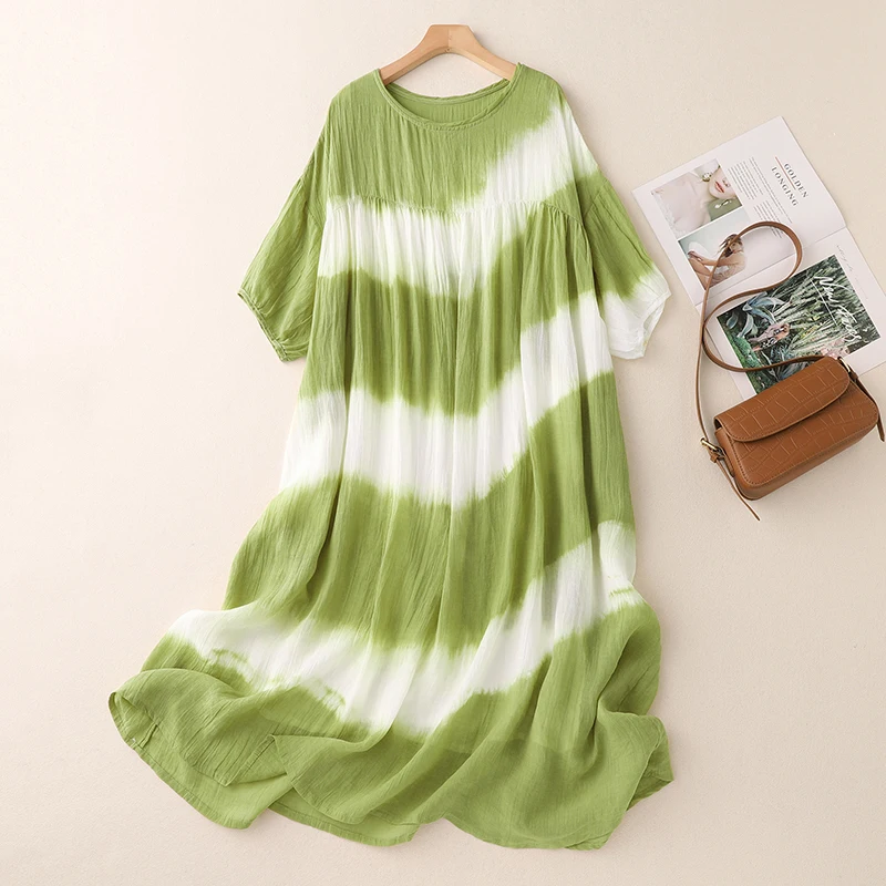 

Half Sleeve Ramie Print Comfortable Long Dress Women Summer Oversize Cotton Linen Casual Loose Dress 2024 New Fashion F403