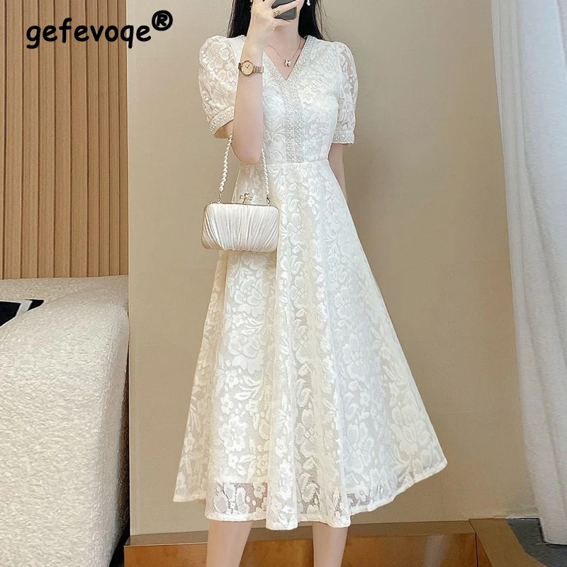 

Retro Lace Sequins Beaded Chic Elegant White Party Dresses for Women Summer Fashion V Neck Short Sleeve Slim Midi Dress Vestidos