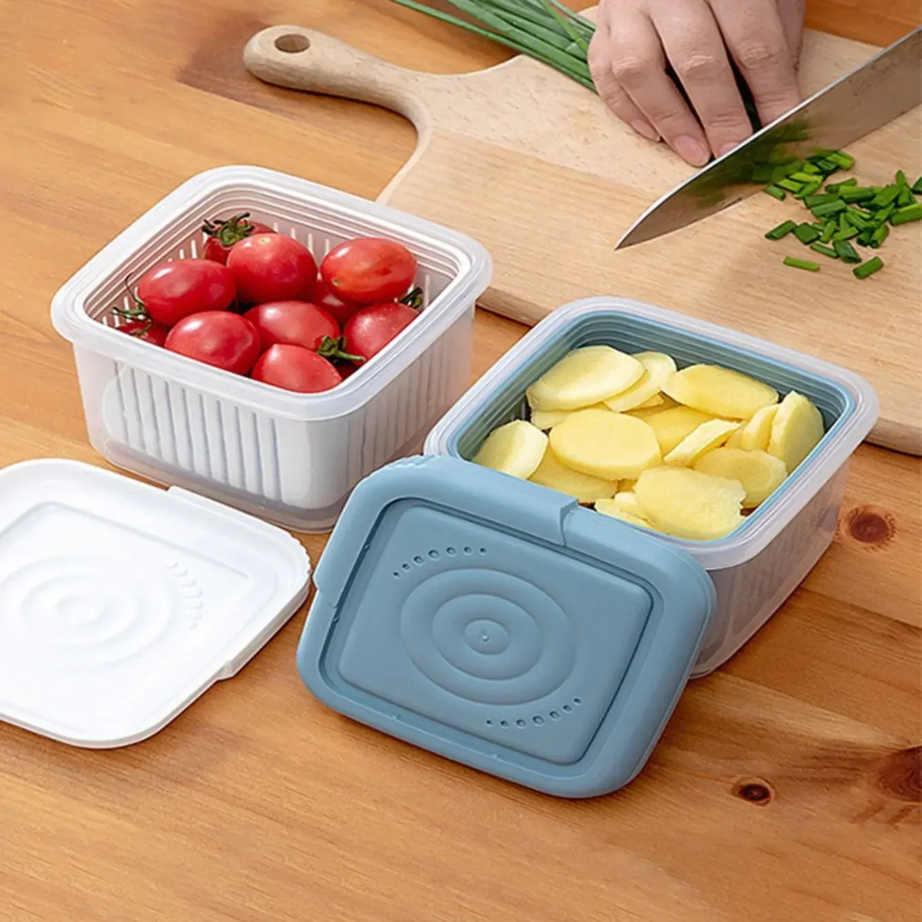 Double-layer Refrigerator Storage Box Ginger Scallion Onion Containers Sealed Fruits Vegetables Drain Crisper Kitchen Supplies