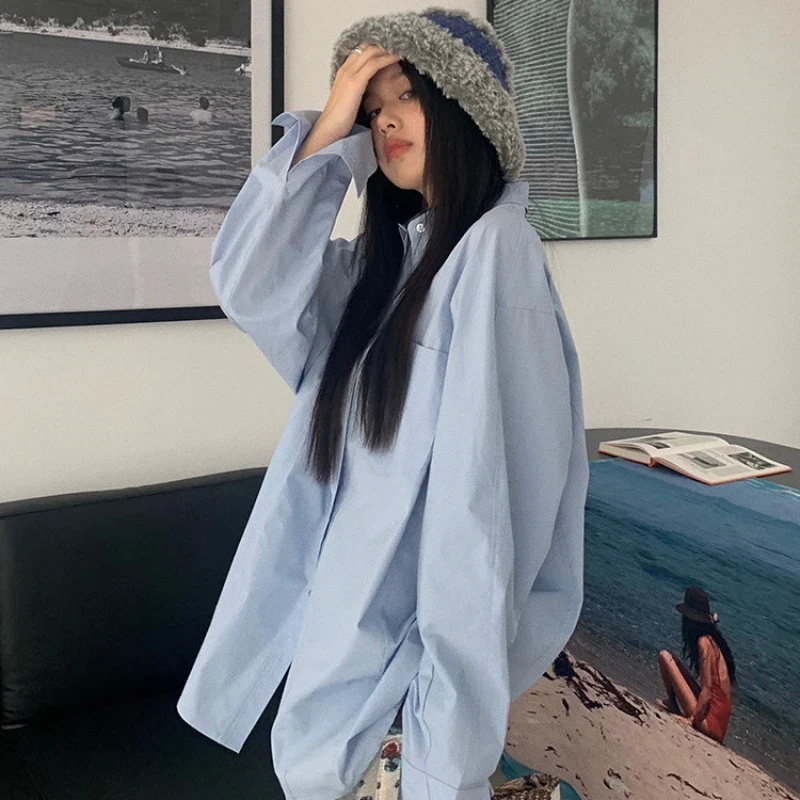 

MEXZT Streetwear Women Basic Blouses Korean Fashion Long Sleeve Turn Down Collar Oversized Shirts Casual All Match Cardigan Tops