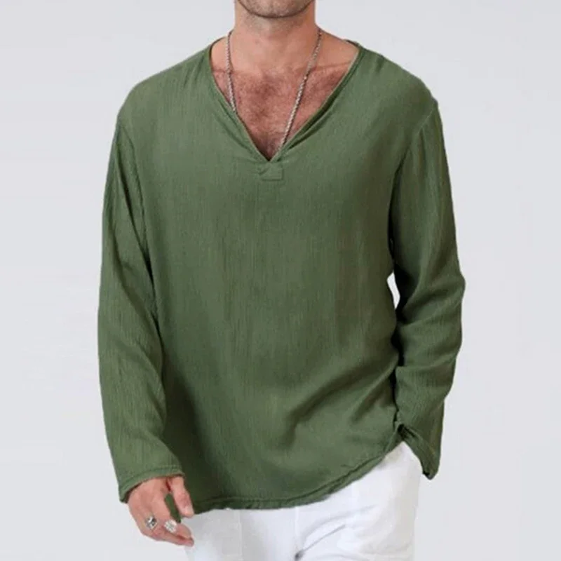 Camisas De Lino Para Hombre, De Manga Larga, Con