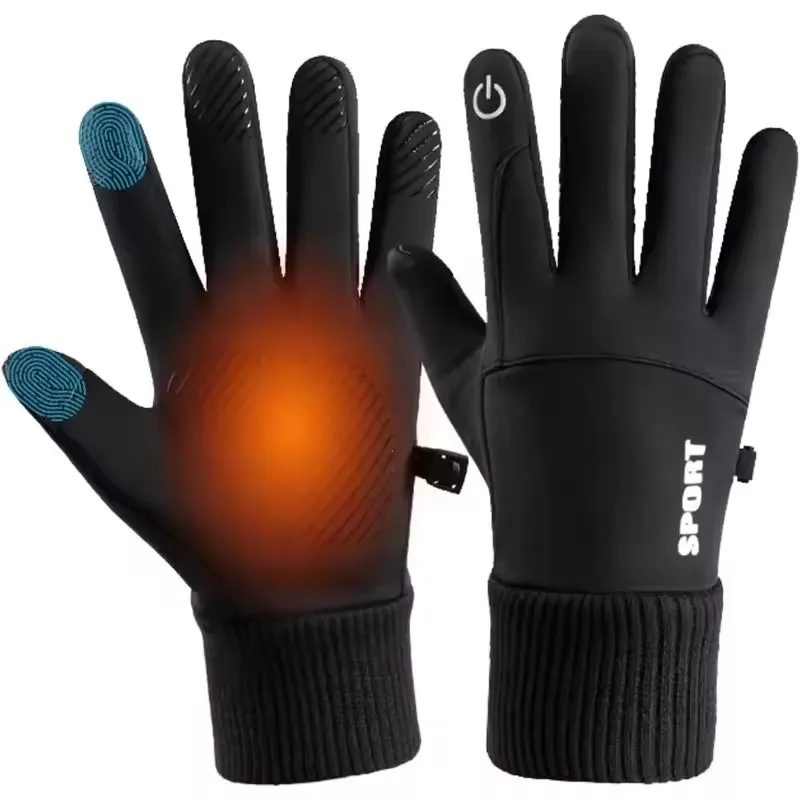 Schwarze Winter-Fleece-Handschuhe, volle Finger, wasserdicht, Touchscreen, Radfahren, Outdoor-Sport, Laufen, Motorrad, Ski, warm – Detail 3