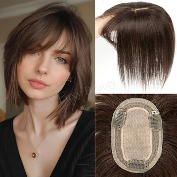 Natural Brown Human Hair Topper With Bangs Women 8X12cm Black Highlights Blonde Skin Scalp Clip in Topper Hair Pieces Human Hair