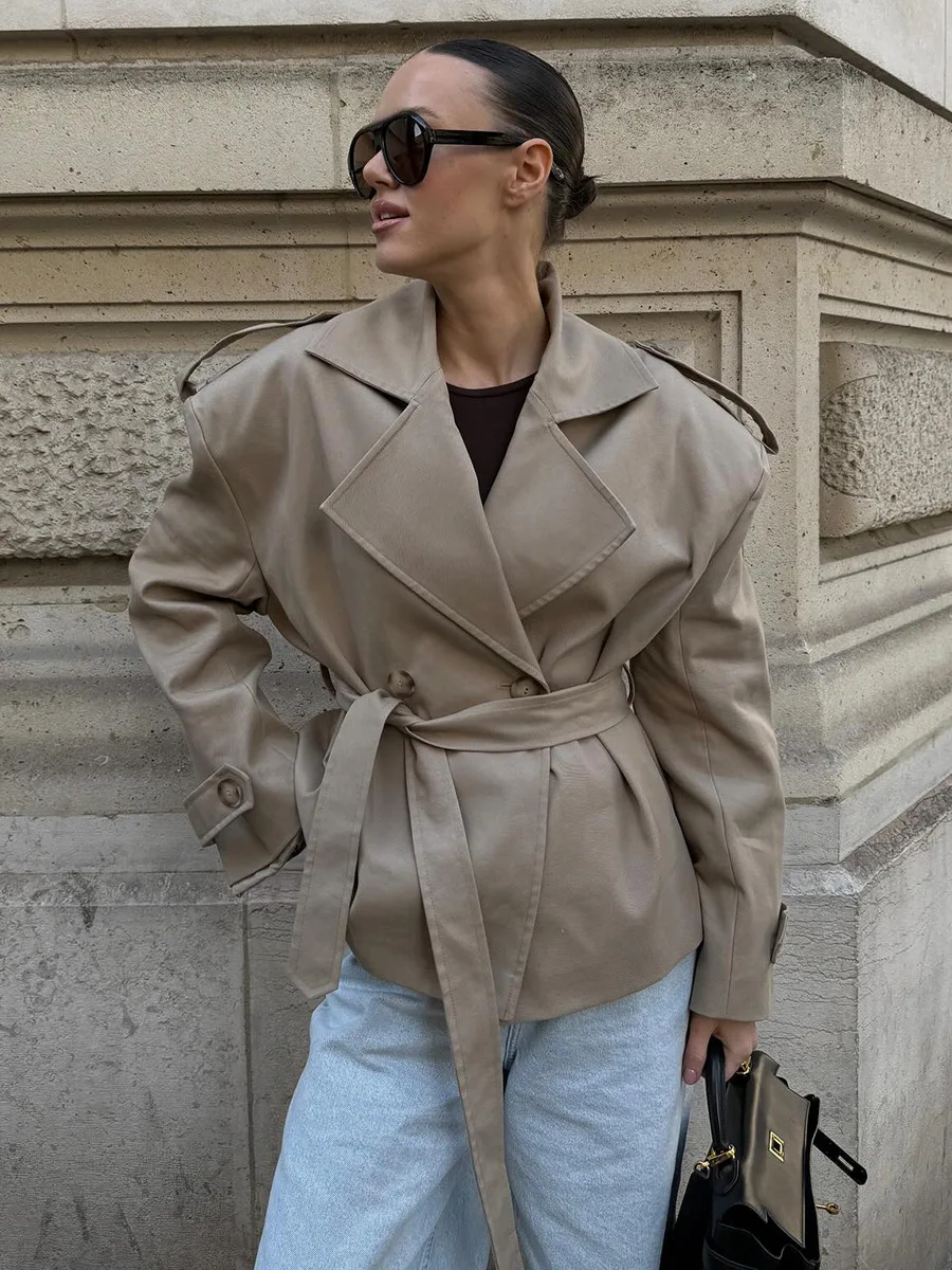 Bornladies Women's New Autumn Fashion Khaki Trench Long Sleeve Belted Temperament Lapel Jackets Waist Cinching Trench Coat